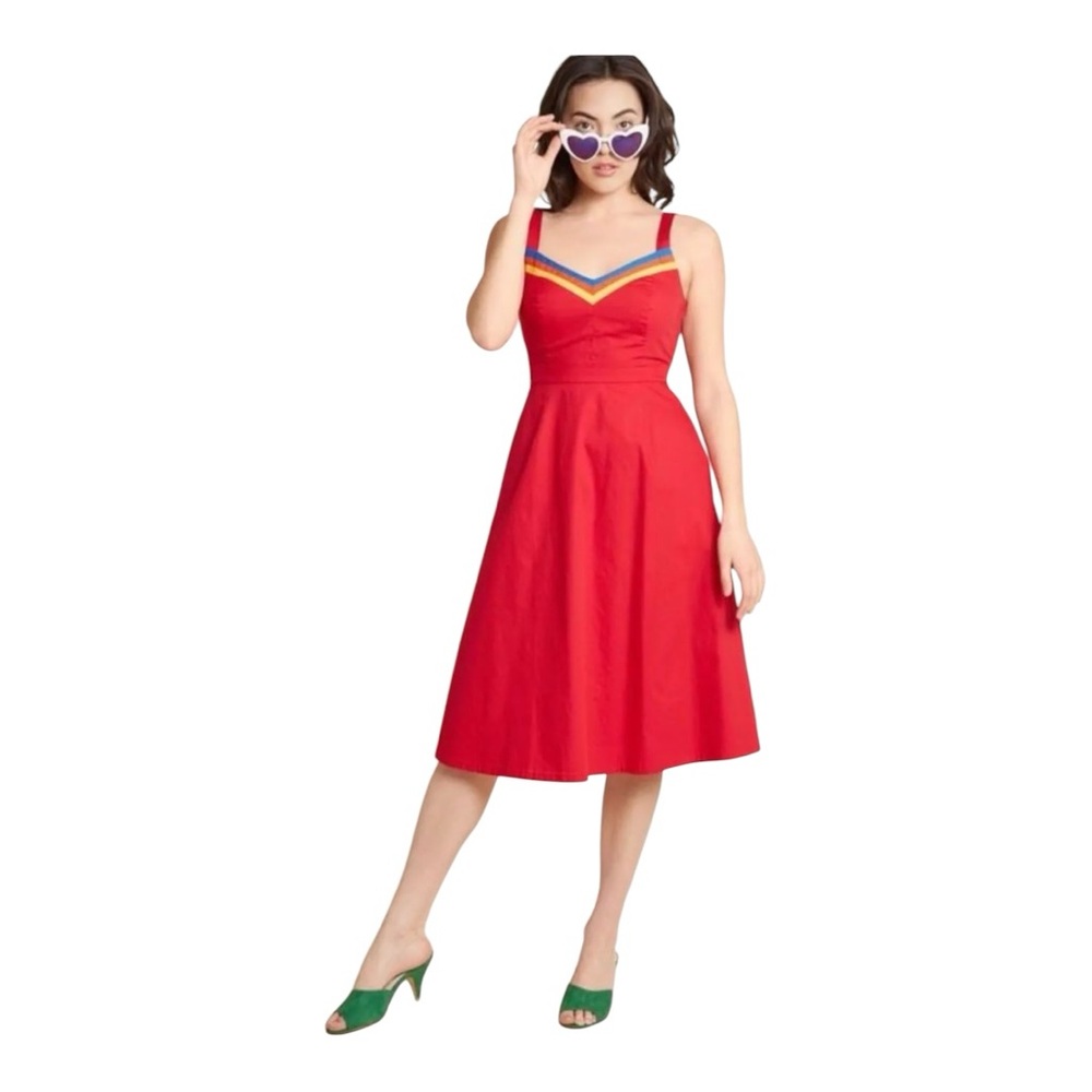 Modcloth Red Midi Dress with Rainbow Accents